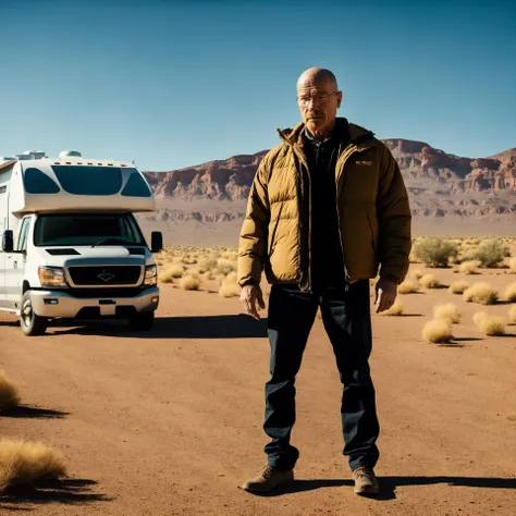 (Bryan Cranston as Walter White from Breaking Bad), Heisenberg, stunning intricate full color upper body photo of man wearing glasses, with an RV in the New Mexico Desert, bald, epic character composition, by ilya kuvshinov, alessio albi, nina masic, sharp focus, natural lighting, f2, 35mm, film grain