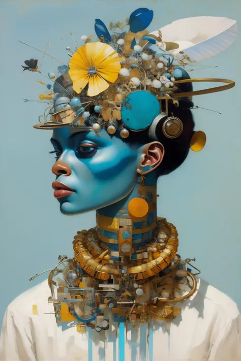 in the style of cyberpunk futurism, african influence, etam cru, light blue and gold, michael creese, steelpunk, michael hussar, white background, best quality, high quality, editorial photo, absurdres, masterpiece, intricate detail, film grain,
