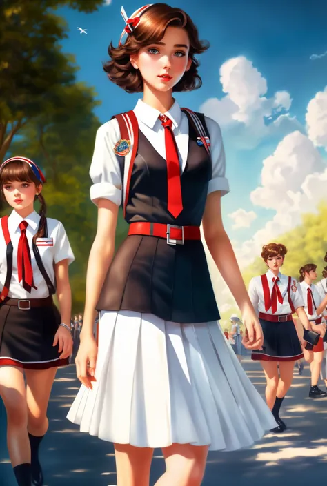 Masterpiece, beautiful 20yo student girl walking in retrofuturistic paradise ciyty , crowd of people, short brown hair, blue eyes, black skirt school uniform, white shirt, red scout tie, (white shining background:1), highly detailed