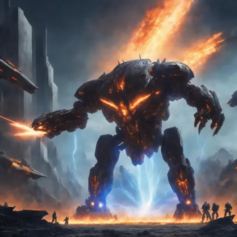 masterpiece, best quality, mecha, no humans, black armor, blue eyes, science fiction, fire, laser canon beam, war, conflict, destroyed city background, kaiju