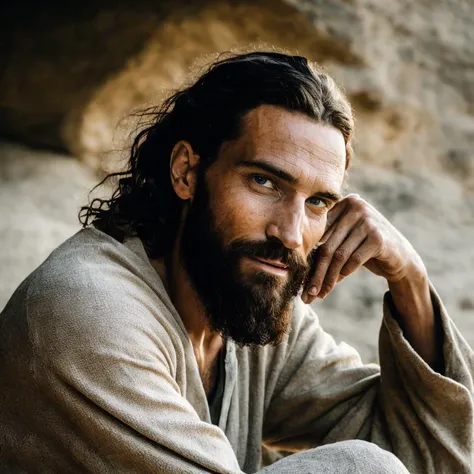 vodka_portraits, A profound photograph of Jesus, captured with a 50mm lens, emphasizing authenticity and emotional depth. The composition captures Jesus in a candid moment, his eyes brimming with compassion and understanding. The color palette reflects natural tones, lending a sense of realism and intimacy. The lighting creates gentle highlights and shadows, revealing the texture of his skin and the subtleties of his expression. The atmosphere exudes a palpable sense of empathy and spiritual connection. <lora:vodka_portraits:0.7>