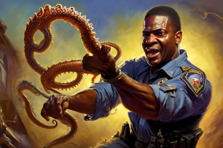 oil painting of an African-american fbi agent fighting a tentacle monster with a sword, realistic, intricate background, art by dgstyle