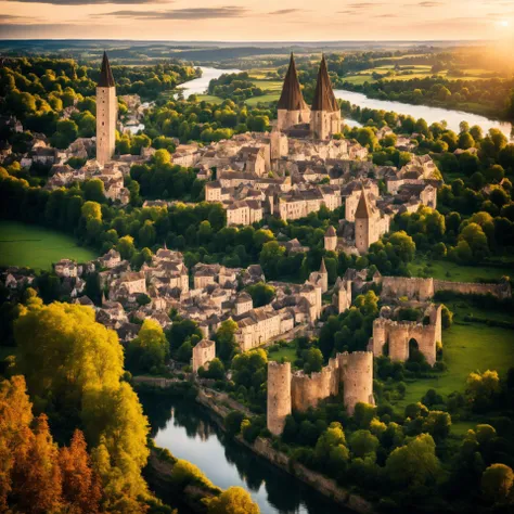 A medieval city next to a river, north european village town, city walls, fantasy vibes, a few churches, forest and water mills in background, clear sky in the sunset, wood and stone constructions, wonderful medieval setting, birds eye view, masterpiece dreamlike photography, historically accurate photograph, overexposure