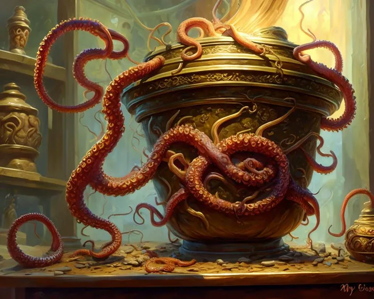 oil painting of an tentacles emerging from the open lid of a (mythos urn:1.3) sitting in a glass display case box in a museum, realistic, (intricate background), art by dgstyle