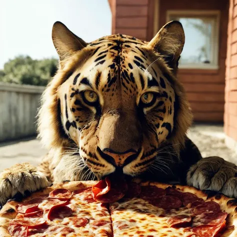 realistic photo of a big cat eating a pepperoni pizza with extra cheese. You can see the reflection of the camera in his eyes. vodka_portraits <lora:vodka_portraits:0.7>