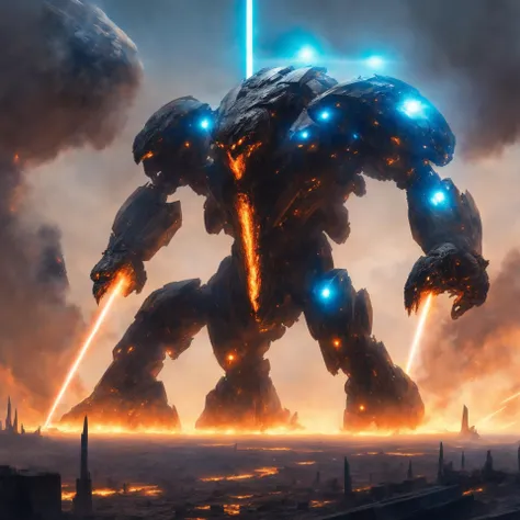 masterpiece, best quality, mecha, no humans, black armor, blue eyes, science fiction, fire, laser canon beam, war, conflict, destroyed city background, kaiju