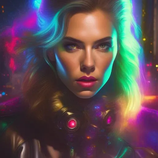 A mesmerizing female cyberpunk street artist, creating a vivid and detailed holographic mural in a neon-lit urban alley, ([Diane Lane|Scarlett Johansson|Kate Upton]:0.8), closeup, Amazing fine detail, glowing eyes, [(colorful explosion psychedelic paint colors:1.21)::0.15], detailed background, round cute face, green eyes, detailed clothes, skinny, shinny glossy skin, subsurface scattering, (gothic:0.8), double bun, bangs, frills, skirt, Nikon D850 film stock photograph Kodak Portra 400 camera f1.6 lens, rich colors, lifelike texture, dramatic lighting, unreal engine, trending on ArtStation, cinestill 800 tungsten