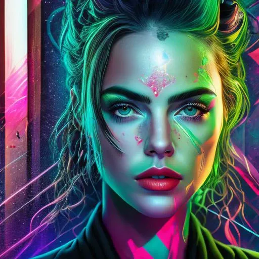 A mesmerizing female cyberpunk street artist, creating a vivid and detailed holographic mural in a neon-lit urban alley, ([Diane Lane|Scarlett Johansson|Kate Upton]:0.8), closeup, Amazing fine detail, glowing eyes, [(colorful explosion psychedelic paint colors:1.21)::0.15], detailed background, round cute face, green eyes, detailed clothes, skinny, shinny glossy skin, subsurface scattering, (gothic:0.8), double bun, bangs, frills, skirt, Nikon D850 film stock photograph Kodak Portra 400 camera f1.6 lens, rich colors, lifelike texture, dramatic lighting, unreal engine, trending on ArtStation, cinestill 800 tungsten