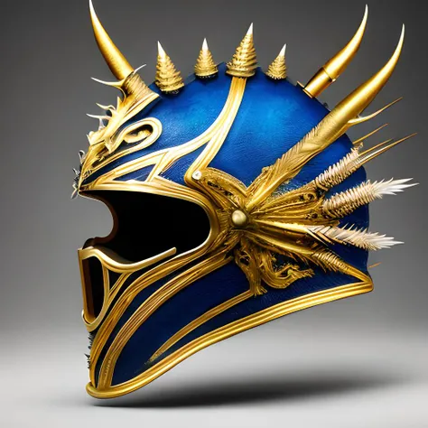 a helmet with golden blue and black spikes, in the style of realistic and hyper-detailed renderings, neoclassical scenes, 32k uhd, precision and detail-oriented, heistcore, figura serpentinata, intricate costumes