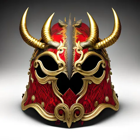 a helmet with golden red and black horns, in the style of realistic and hyper-detailed renderings, neoclassical scenes, 32k uhd, precision and detail-oriented, heistcore, figura serpentinata, intricate costumes