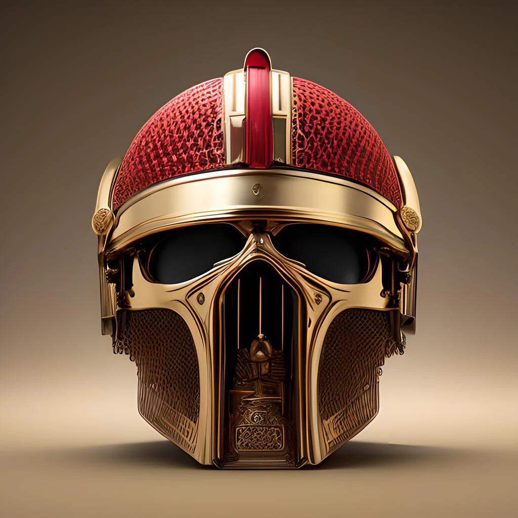 herculean helmet hq 3d asset, in the style of rendered in unreal engine, neoclassical compositions, mike campau, dark gold and red, close up, esaias van de velde, meticulous design