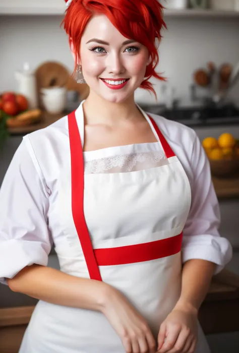 a closeup portrait of a playful maid, undercut hair, apron, amazing body, pronounced feminine feature, busty, kitchen, [ash blonde | ginger | pink hair], freckles, flirting with camera