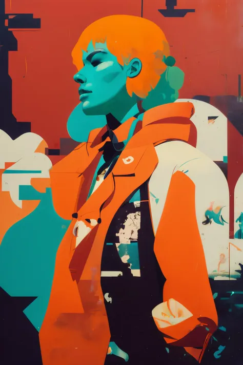 abstract 1998 european blond hiphop girl by sachin teng x supreme, attractive, stylish, designer, orange, asymmetrical, geometric shapes, graffiti, street art, full body, cowboy shot,