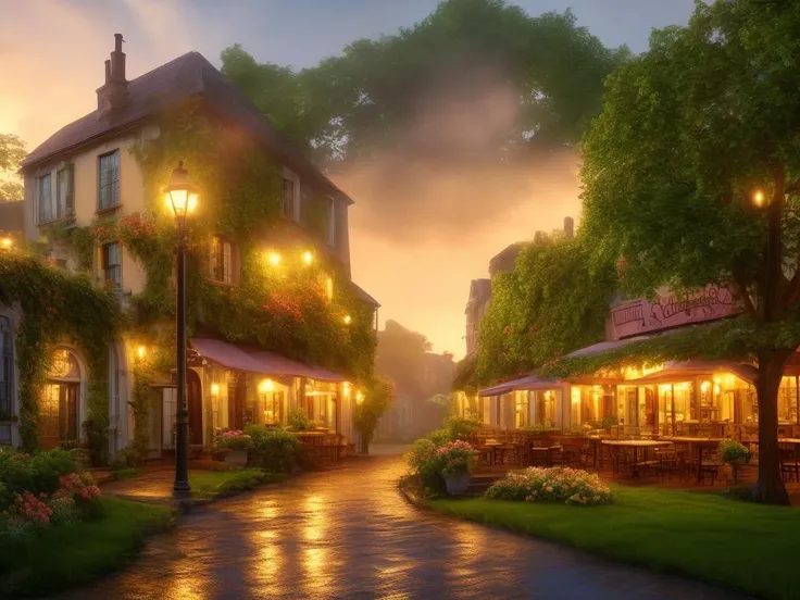 fantasy, small old town, bakery, street caffee, rain, lush green, lawn, flowers, dreamy, evening, sunset, volumetric lighting, sharp focus, ultra detailed, 4k, cinematic, wide-angle, 3 5 mm film photo still, movie still, uhd, sharp lens, depth of field, octane render, vivid colors, light rays, god rays