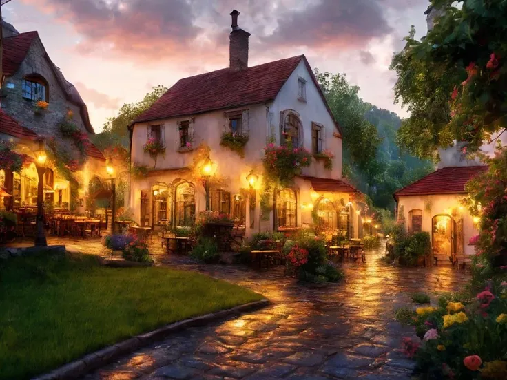 fantasy, small old town, bakery, street caffee, rain, lush green, lawn, flowers, dreamy, evening, sunset, volumetric lighting, sharp focus, ultra detailed, 4k, cinematic, wide-angle, 3 5 mm film photo still, movie still, uhd, sharp lens, depth of field, octane render, vivid colors, light rays, god rays