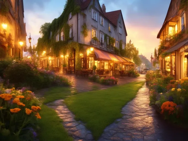 fantasy, small old town, bakery, street caffee, rain, lush green, lawn, flowers, dreamy, evening, sunset, volumetric lighting, sharp focus, ultra detailed, 4k, cinematic, wide-angle, 3 5 mm film photo still, movie still, uhd, sharp lens, depth of field, octane render, vivid colors, light rays, god rays