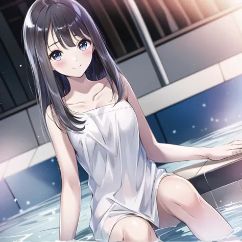 high quality, best quality, masterpiece, absurdres, kasuga shiho, naked_towel, 1girl, <lora:shiho-000002:0.85>, smile, blush, hotspring