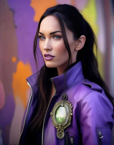MeganFox, portrait, intricate background,close up of a Woman, Papal legate, wearing DayGlo purple Moto jacket with Fabric ornaments, Workshop in background, Overdetailed art, Surprising, waning light, L USM, dslr, art by Anne Brigman, <lora:MeganFoxSDXL:1>