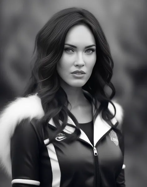 MeganFox, photograph, stylized, zoomed out of a Lifeless Resourceful Woman, wearing Mind reader Cheerleader uniform, Fur-Trimmed Twist out hairstyle, Raining, behance, Canon 5d mark 4, Zoom lens, BW, <lora:MeganFoxSDXL:1>