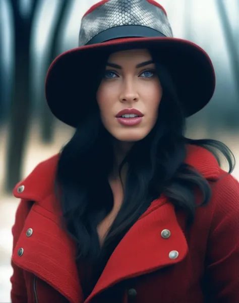 MeganFox, photograph, [Old|Gentle] voluptuous Female of Elements, wearing Average Snakeskin Red Trapper hat, Winter, tilt shift, Movie still, Suffering, moody lighting, Ilford HP5, Depth of field 100mm, art by Giorgio de Chirico, <lora:MeganFoxSDXL:1>