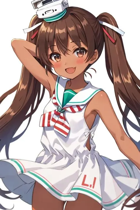 best quality, masterpiece, highres, solo, {libeccio_kantaicollection:1.15}, long_hair, brown_hair, twintails, dark_skin, dark-skinned_female, brown_eyes, ribbon, open_mouth, hair_ribbon, smile, fang, blush, sleeveless, 1girl, dress, hair_between_eyes, looking_at_viewer, neckerchief, sailor_dress, simple_background, sleeveless_dress, white_background, armpits, sailor_collar, striped, white_dress, white_sailor_collar, :d, bangs, hat, mini_hat, arm_up, bare_shoulders