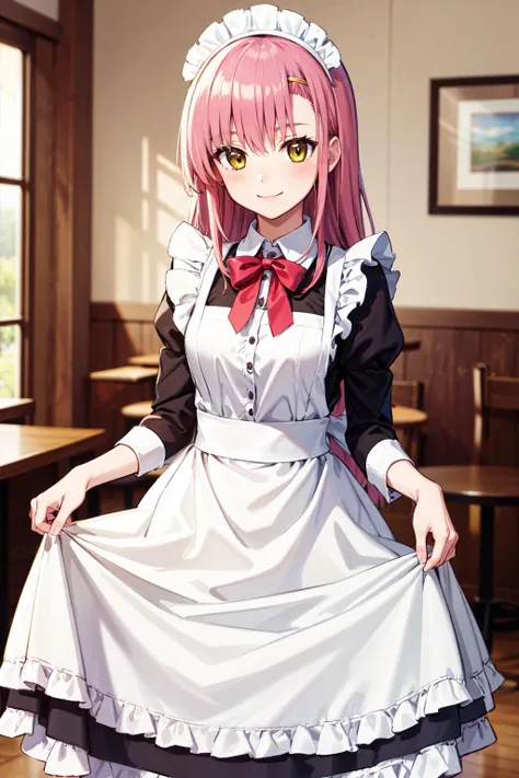 masterpiece,best quality,highres,ultra-detailed,katsura hinagiku,long hair,hairband,<lora:katsura_hinagiku:0.9>,indoors,cafe,maid,maid headdress,apron,(skirt hold:1.2),standing,cowboy shot,smile,