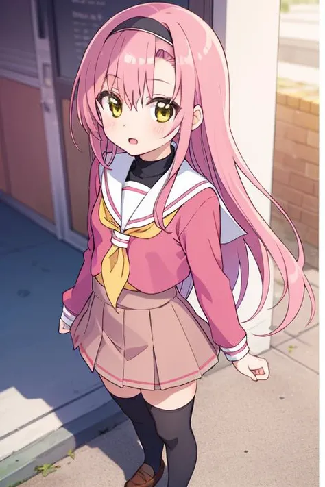 ultra detail,best quality,masterpiece, 1girl, <lora:katsura_hinagiku:0.7>katsura hinagiku,long hair,hairband,school uniform,serafuku,sailor collar,(dress:1.1),pink dress,neckerchief,shirt,long sleeves,skirt,long skirt,thighhighs,black thighhighs,loafers,brown footwear