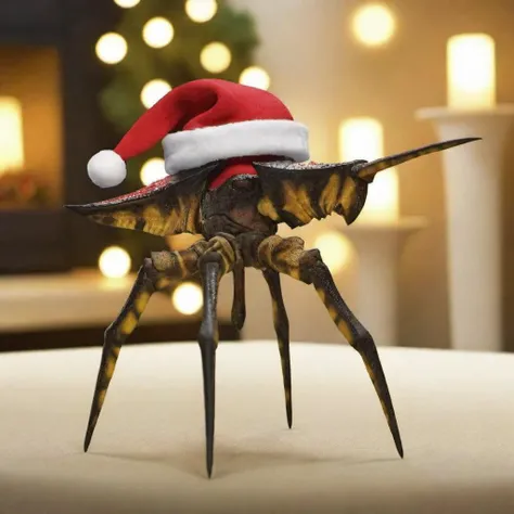 a bug wears a santa hat, christmas scenery, livingroom, fireplace, features intricate detail, detailed eyes, highly detailed, photography, ultra sharp, film, bokeh, professional, 4k  <lora:Starshiptrooper1024-000477:0.8> <lora:lcm_lora_sdxl:1> <lora:add-detail-xl:1>