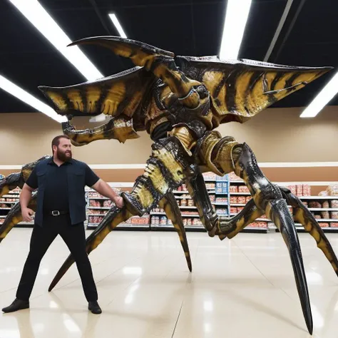 Starshiptrooper1024, a giant bug chasing a fat man in wallmart, full body, features intricate detail, detailed eyes, highly detailed, photography, ultra sharp, film, bokeh, professional, 4k  <lora:Starshiptrooper1024:0.8> <lora:add-detail-xl:2>