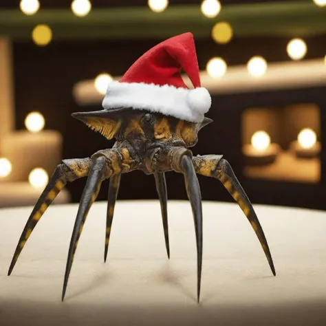 a bug wears a santa hat, christmas scenery, livingroom, fireplace, features intricate detail, detailed eyes, highly detailed, photography, ultra sharp, film, bokeh, professional, 4k <lora:Starshiptrooper1024-000477:0.8> <lora:lcm_lora_sdxl:1> <lora:add-detail-xl:1>
