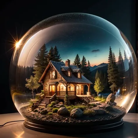 mini house, landscape, old fashion, nature, night light, a bubble, in the bubble, high detailed, masterpiece, best quality, <lora:Bubble_Sora:0.4>, (masterpiece,best quality:1.5)