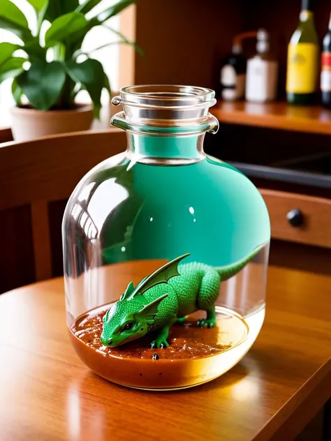 magic phial on the table, dragon in a bottle
