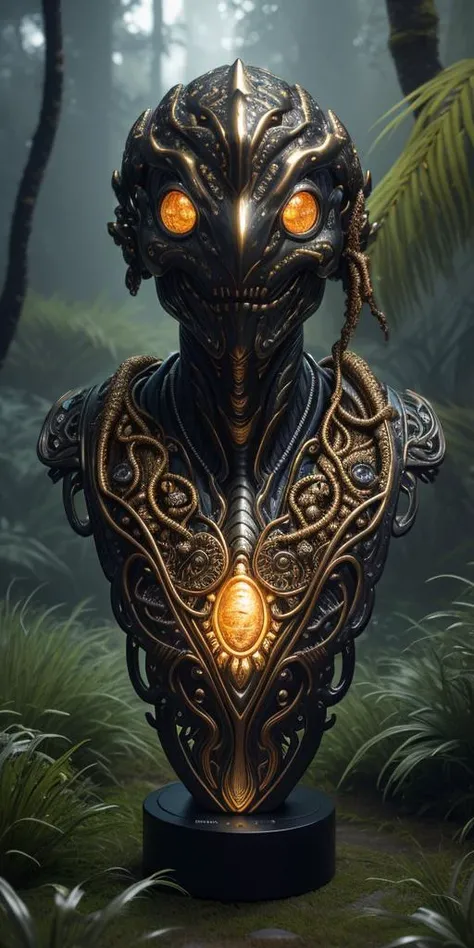 View of Impressive 3D biomorphic, night scene, bronze bust of an alien with large glowing eyes protrudes from tall grass, covered in moss, radiant tribal tattoo, gold and silver details, fantasy, surrounded by holographic data, detailed, dramatic, intricate, perfect composition, beautiful detailed intricate insanely detailed octane render trending on artstation, 8 k artistic photography, photorealistic concept art, soft natural volumetric cinematic perfect light, extreme camera angle