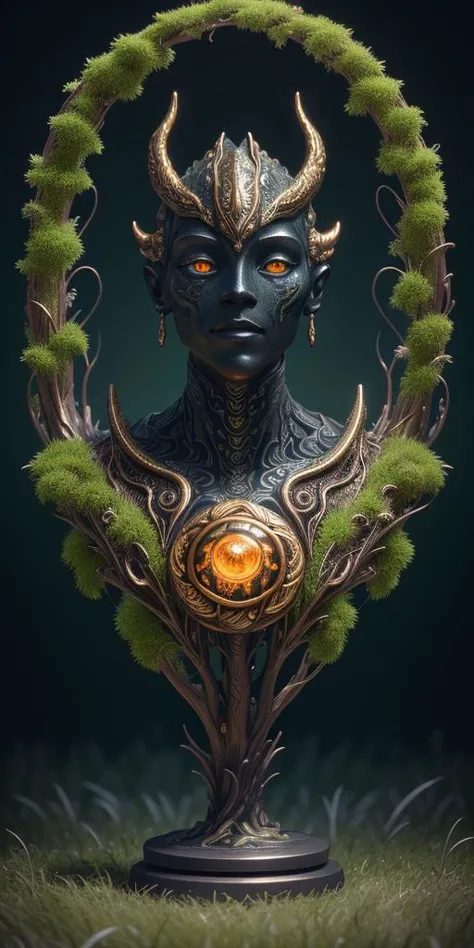View of Impressive 3D biomorphic, night scene, bronze bust of an alien with large glowing eyes protrudes from tall grass, covered in moss, radiant tribal tattoo, gold and silver details, fantasy, surrounded by holographic data, detailed, dramatic, intricate, perfect composition, beautiful detailed intricate insanely detailed octane render trending on artstation, 8 k artistic photography, photorealistic concept art, soft natural volumetric cinematic perfect light, extreme camera angle