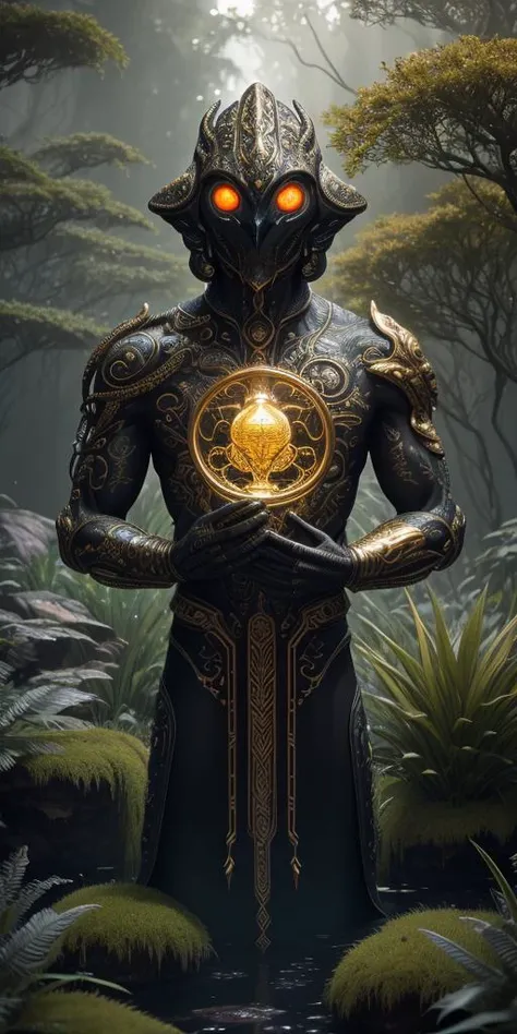 View of Impressive 3D biomorphic, night scene, bronze bust of an alien with large glowing eyes protrudes from tall grass, covered in moss, radiant tribal tattoo, gold and silver details, fantasy, surrounded by holographic data, detailed, dramatic, intricate, perfect composition, beautiful detailed intricate insanely detailed octane render trending on artstation, 8 k artistic photography, photorealistic concept art, soft natural volumetric cinematic perfect light, extreme camera angle