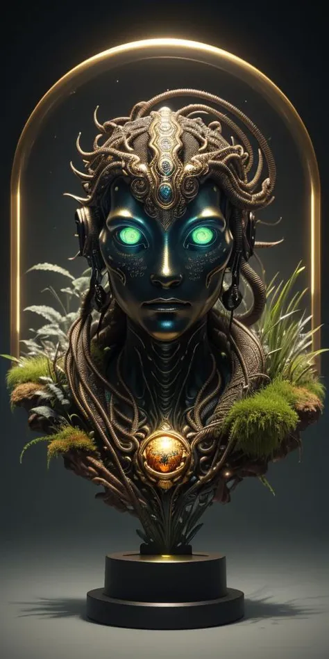 View of Impressive 3D biomorphic, night scene, bronze bust of an alien with large glowing eyes protrudes from tall grass, covered in moss, radiant tribal tattoo, gold and silver details, fantasy, surrounded by holographic data, detailed, dramatic, intricate, perfect composition, beautiful detailed intricate insanely detailed octane render trending on artstation, 8 k artistic photography, photorealistic concept art, soft natural volumetric cinematic perfect light, extreme camera angle