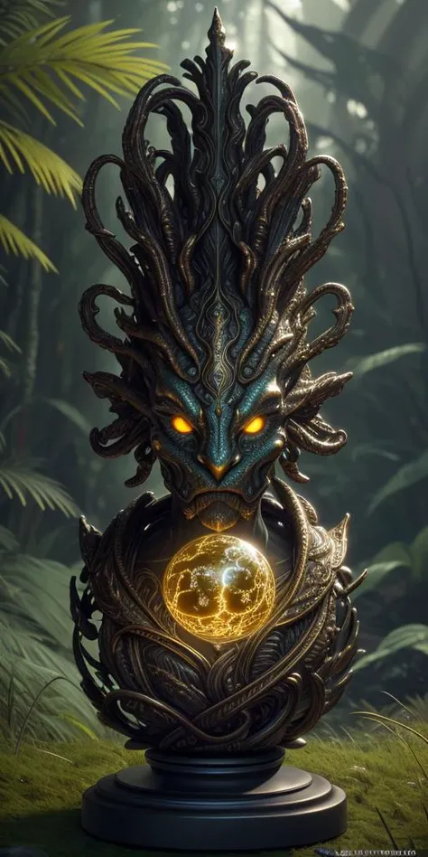 View of Impressive 3D biomorphic, night scene, bronze bust of an alien with large glowing eyes protrudes from tall grass, covered in moss, radiant tribal tattoo, gold and silver details, fantasy, surrounded by holographic data, detailed, dramatic, intricate, perfect composition, beautiful detailed intricate insanely detailed octane render trending on artstation, 8 k artistic photography, photorealistic concept art, soft natural volumetric cinematic perfect light, extreme camera angle