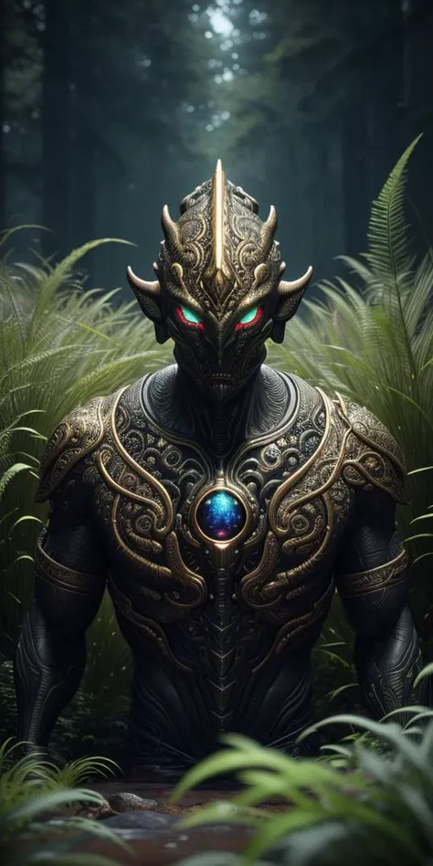 View of Impressive 3D biomorphic, night scene, bronze bust of an alien with large glowing eyes protrudes from tall grass, covered in moss, radiant tribal tattoo, gold and silver details, fantasy, surrounded by holographic data, detailed, dramatic, intricate, perfect composition, beautiful detailed intricate insanely detailed octane render trending on artstation, 8 k artistic photography, photorealistic concept art, soft natural volumetric cinematic perfect light, extreme camera angle