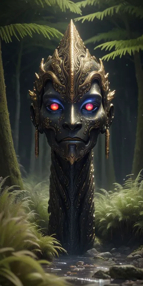 View of Impressive 3D biomorphic, night scene, bronze bust of an alien with large glowing eyes protrudes from tall grass, covered in moss, radiant tribal tattoo, gold and silver details, fantasy, surrounded by holographic data, detailed, dramatic, intricate, perfect composition, beautiful detailed intricate insanely detailed octane render trending on artstation, 8 k artistic photography, photorealistic concept art, soft natural volumetric cinematic perfect light, extreme camera angle