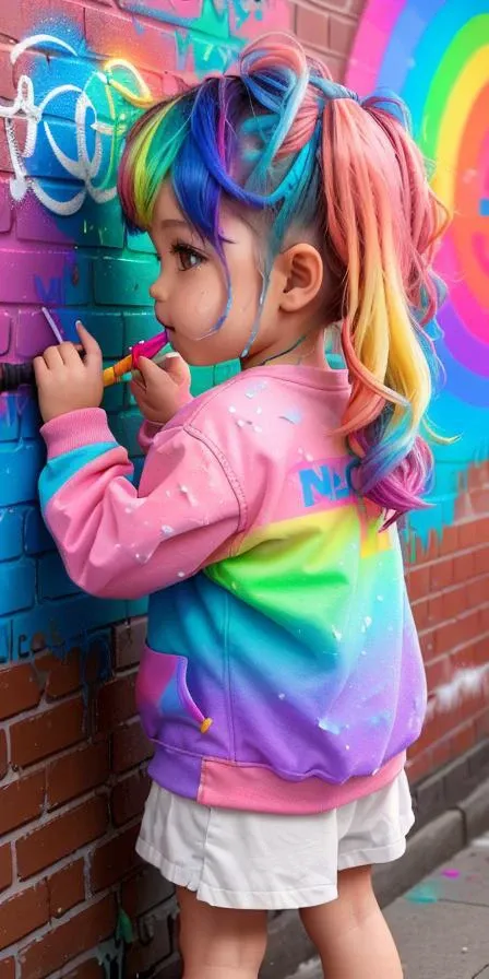 a cute and adorable 3--old l painting graffiti on a brick wall.
🎨👶🌈"Baby Pish" by Satori Canton🧸,
Art by Mr. Brainwash (MBW) and Lady Pink,
(best quality, masterpiece, RAW photo, ultra-detailed:1. 1), (graffiti_style:1. 1), (multicolored:1. 2), (multicolored hair), (spray splash:1. 2), (neon:1. 3), neon sign, UHD, HDR, 8K, (Masterpiece:1. 5), (best quality:1. 5)
highly detailed, soft bokeh