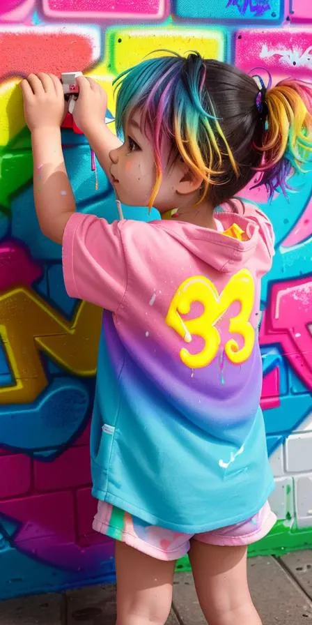 a cute and adorable 3--old l painting graffiti on a brick wall.
🎨👶🌈"Baby Pish" by Satori Canton🧸,
Art by Mr. Brainwash (MBW) and Lady Pink,
(best quality, masterpiece, RAW photo, ultra-detailed:1. 1), (graffiti_style:1. 1), (multicolored:1. 2), (multicolored hair), (spray splash:1. 2), (neon:1. 3), neon sign, UHD, HDR, 8K, (Masterpiece:1. 5), (best quality:1. 5)
highly detailed, soft bokeh