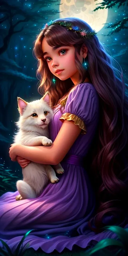 "Reunited" by Satori Canton. Art by Joni Aikio and Tim Hildebrandt, In a moonlit fantasy forest scene, a stunningly beautiful young girl (india eisley) with long wavy flowing hair and twinkling eyes, wearing a simple dress, reunites with her lost pet, an enchanting creature, fluffy with large iridescent eyes and tiny paws. They are in a tender embrace, the creature nuzzled against the girl's cheek, and their expressions are of pure joy and relief. hyper detail eyes and face, extreme camera angle. The night sky envelops them with a blanket of stars. Joni Aikio’s touch is evident in the intricacy of the creature’s fur and the emotional depth in their eyes. Tim Hildebrandt's influence paints the background as an enchanted forest with towering trees that have luminous blossoms and tiny glowing fairies dancing around them. The scene is drenched in moonlight, casting an ethereal glow, while the stars above twinkle in harmony with the joyous reunion. The balance between the figures and their surroundings creates an atmosphere of warmth, happiness, and magic. by Satori Canton