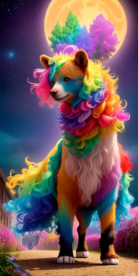🌙🌈🎩 "Moonlit Menagerie" by Satori Canton🧸
hyperdetail everything,
Art in the style of Tom of Finland🕺 and Alex Grey🔮 and Alex Raymond🎨,
Fashion design by Alexander McQueen👠
A flamboyant drag queen named Lulu LaRue,
Landscape inspiration from Thomas Cole🌲,
Special style touch of Vincent van Gogh🖌,
📸 perfect composition, cinematic lighting, centered, luminism, color splash, black lines, depth of field, extreme camera angle. 📸
A surreal scene, hidden teddy bear by Steiff🧸,
Strutting down a city street made of swirling stars and twirling trees, with a fierce determination and a flirtatious smirk,
Sky awash in rainbow hues of the setting sun,
Creating an atmosphere of audaciousness and empowerment,
Combining the lines of comic art with the swirls of impressionism,
by Satori Canton🧸, hidden teddy bear.