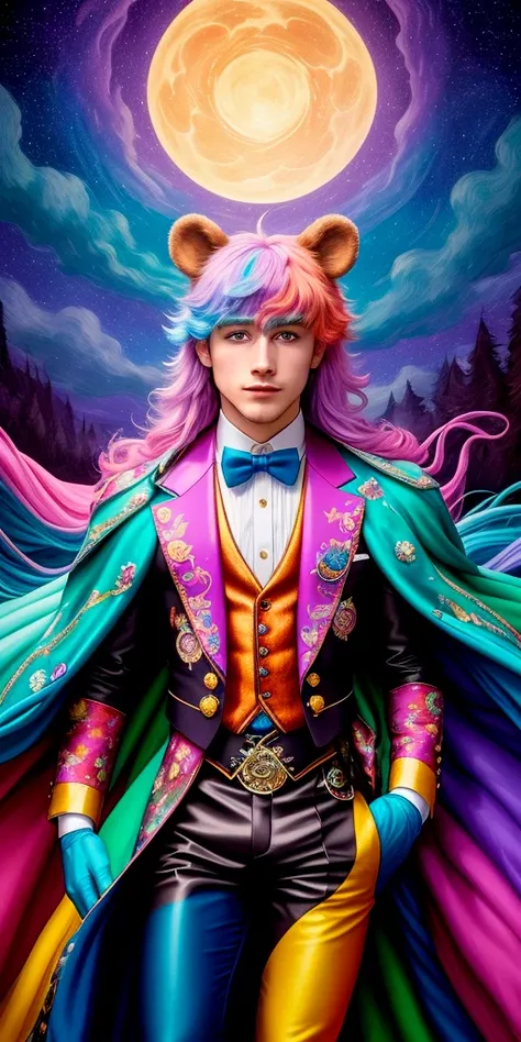 🌙🌈🎩 "Moonlit Menagerie" by Satori Canton🧸
hyperdetail everything,
Art in the style of Tom of Finland🕺 and Alex Grey🔮 and Alex Raymond🎨,
Fashion design by Alexander McQueen👠
A flamboyant drag queen named Lulu LaRue,
Landscape inspiration from Thomas Cole🌲,
Special style touch of Vincent van Gogh🖌,
📸 perfect composition, cinematic lighting, centered, luminism, color splash, black lines, depth of field, extreme camera angle. 📸
A surreal scene, hidden teddy bear by Steiff🧸,
Strutting down a city street made of swirling stars and twirling trees, with a fierce determination and a flirtatious smirk,
Sky awash in rainbow hues of the setting sun,
Creating an atmosphere of audaciousness and empowerment,
Combining the lines of comic art with the swirls of impressionism,
by Satori Canton🧸, hidden teddy bear.