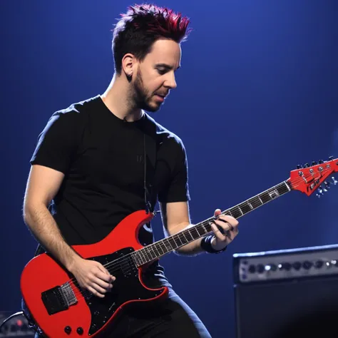 young Mike Shinoda, man, solo, spiked hair:0.5, black and red hair, closed mouth, playing an electric guitar, <lora:Mike_Shinoda_from_Linkin_Park:1>, stage in the background, best quality, masterpiece, 8k, UHD, detailed face, incredible details, sharp image
