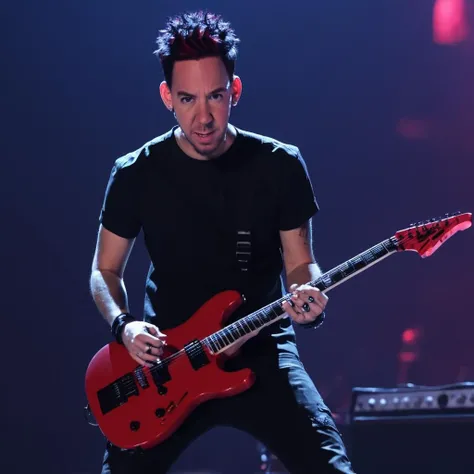 young Mike Shinoda, man, (solo), (full body, from distance), spiked hair:0.5, black and red hair, looking at camera, angry, evil face, happy, playing a neon glowing electric guitar, <lora:Mike_Shinoda_from_Linkin_Park:1>, stage in the background, best quality, masterpiece, 4k, UHD, intricate details