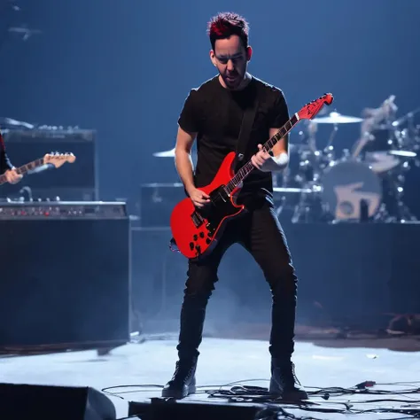 young Mike Shinoda, man, (solo), (full body, from distance), spiked hair:0.5, black and red hair, angry, playing an electric guitar, <lora:Mike_Shinoda_from_Linkin_Park:1>, stage in the background, best quality, masterpiece, 8k, UHD, detailed face, incredible details, sharp image