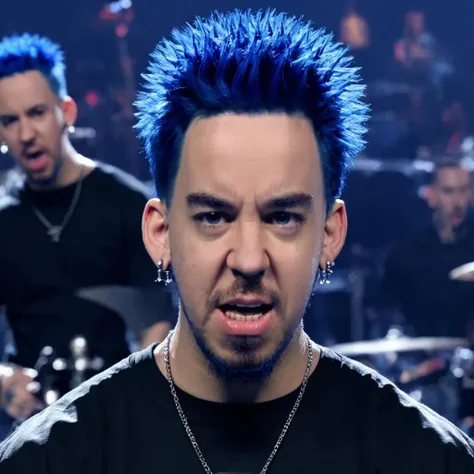 young Mike Shinoda, man, spiked hair, blue hair, goatee, earrings, looking at camera, angry, evil face, <lora:Mike_Shinoda_from_Linkin_Park:1>, stage in the background, best quality, masterpiece, 4k, UHD