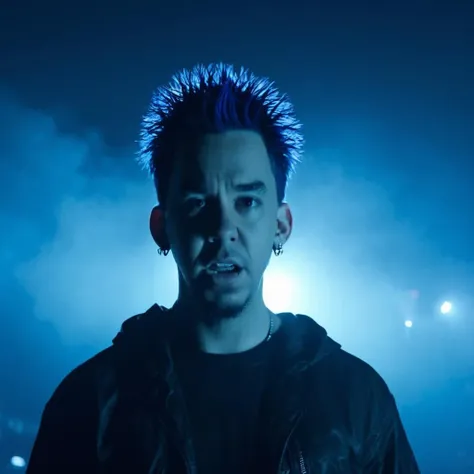 young Mike Shinoda, man, solo, looking at viewer, spiked hair, (full body, from distance, long shot), ((short hair:1.2)), black and blue hair, goatee, earrings, looking at camera, angry, evil face, <lora:Mike_Shinoda_from_Linkin_Park:1>, best quality, masterpiece, 4k, UHD, mist in the background, lights behind head