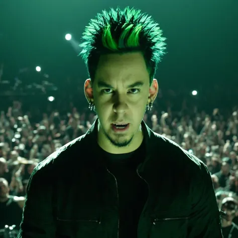 young Mike Shinoda, man, (solo), (full body, from distance, long shot), spiked hair, black and green hair, goatee, earrings, looking at camera, angry, evil face, <lora:Mike_Shinoda_from_Linkin_Park:1>, stage in the background, best quality, masterpiece, 4k, UHD